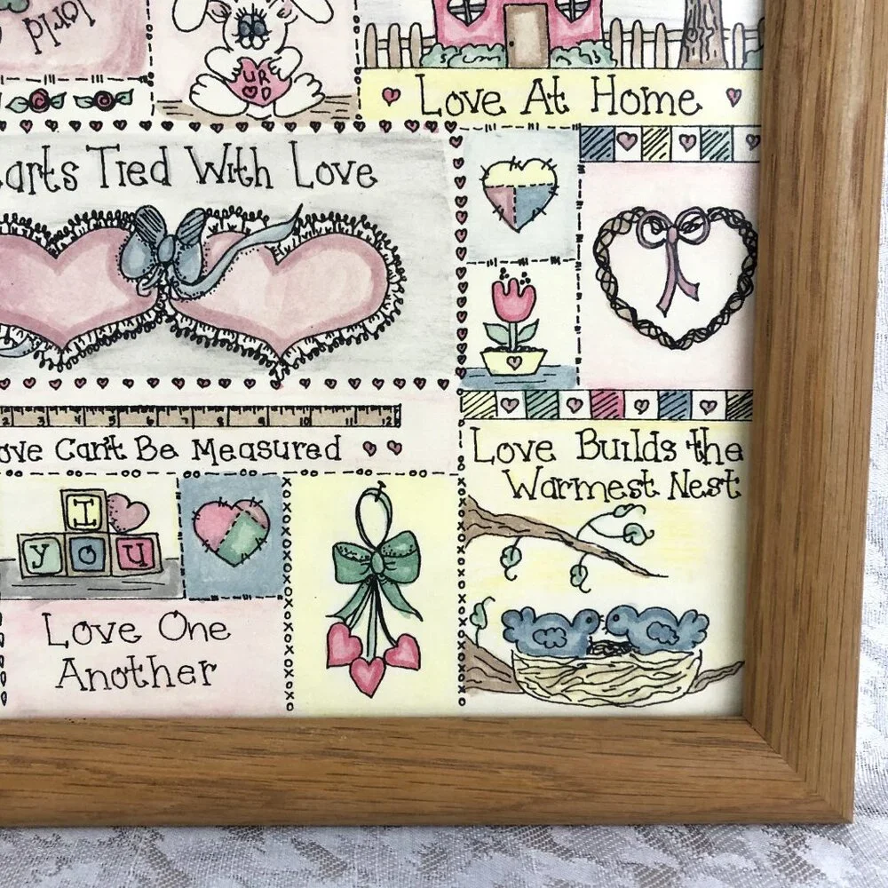 Vintage 1992 Mixed Media Love Framed Art Hand-Colored Signed 12½”x10” Wall Decor